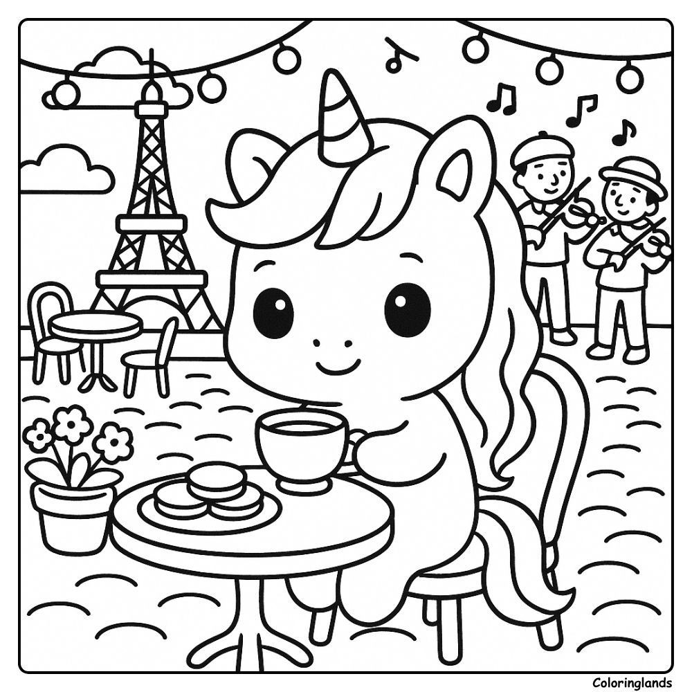 Cute unicorn drinking tea in Paris with Eiffel Tower coloring sheet