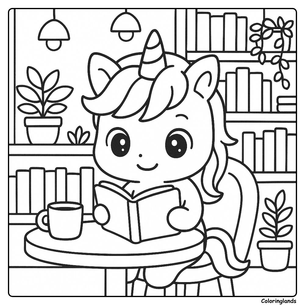 Cute unicorn reading book in a café coloring sheet