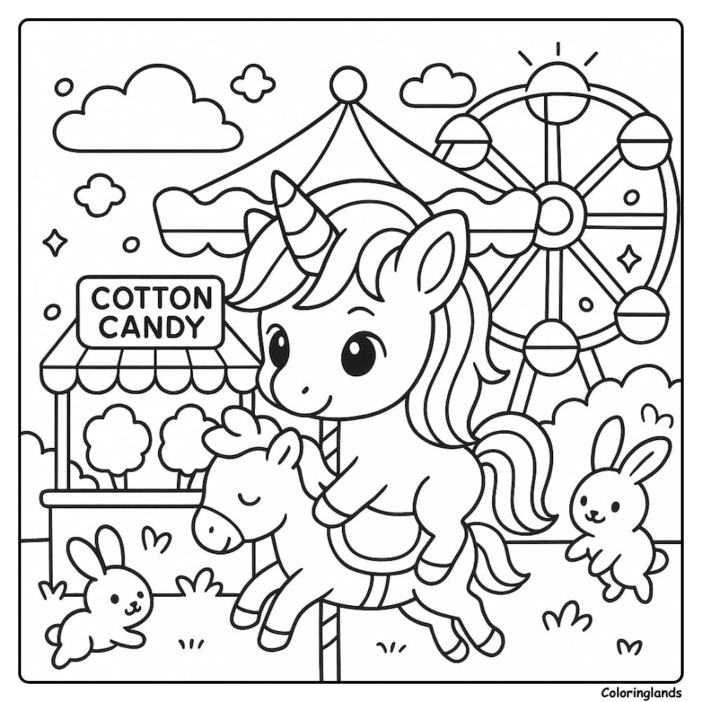 Printable unicorn carousel carnival coloring sheet