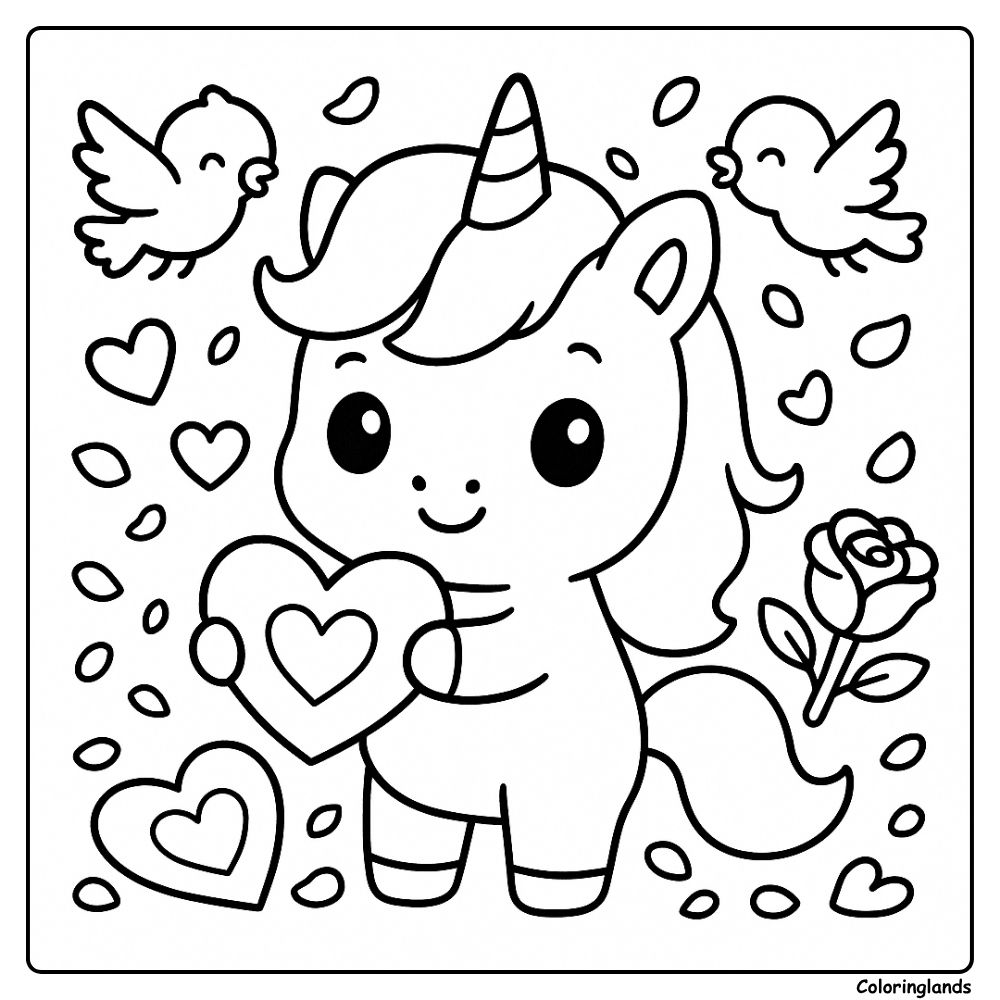 Cute unicorn with hearts and rose coloring image