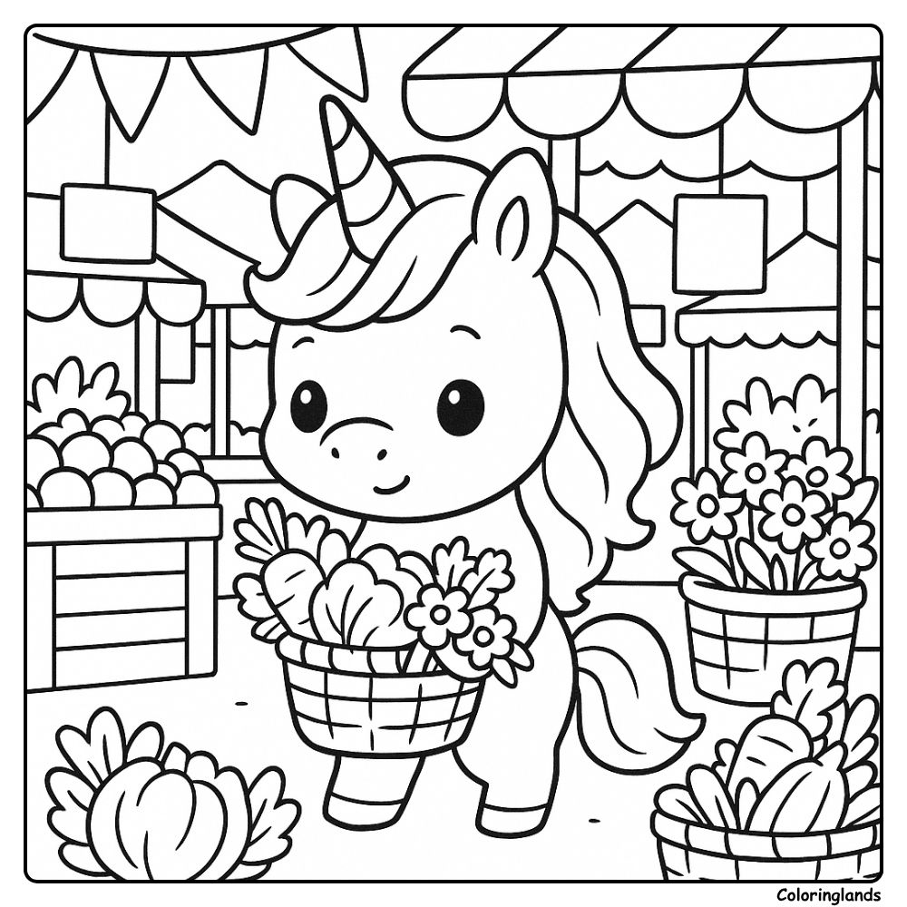 Cute unicorn at farmers market coloring sheet