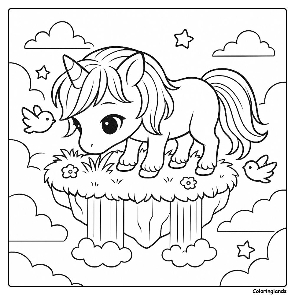 Cute unicorn on floating island coloring sheet