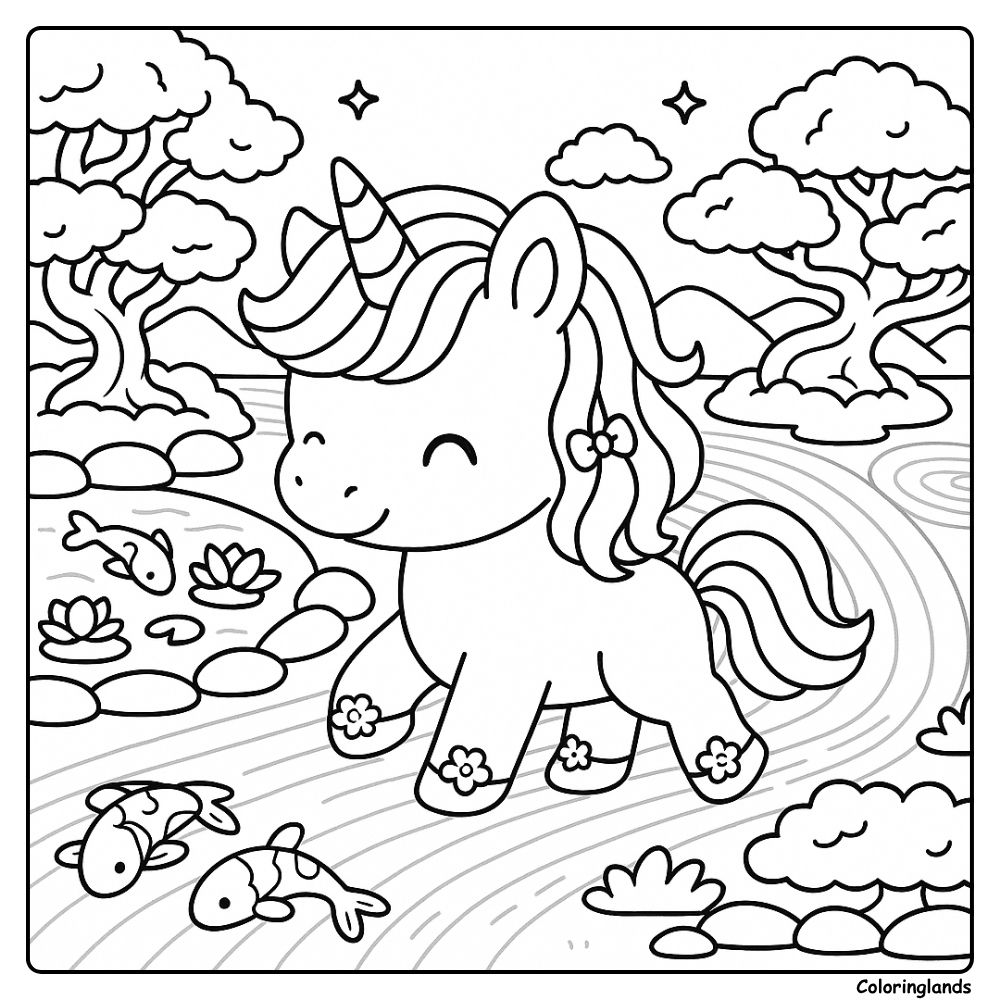 Free unicorn in Japanese garden with koi fish coloring sheet