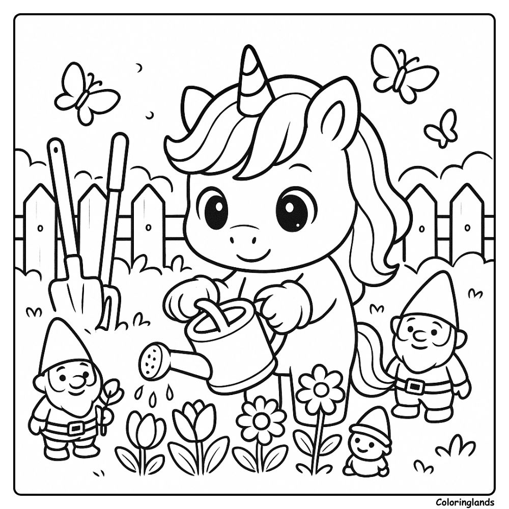 Printable unicorn gardening scene coloring picture
