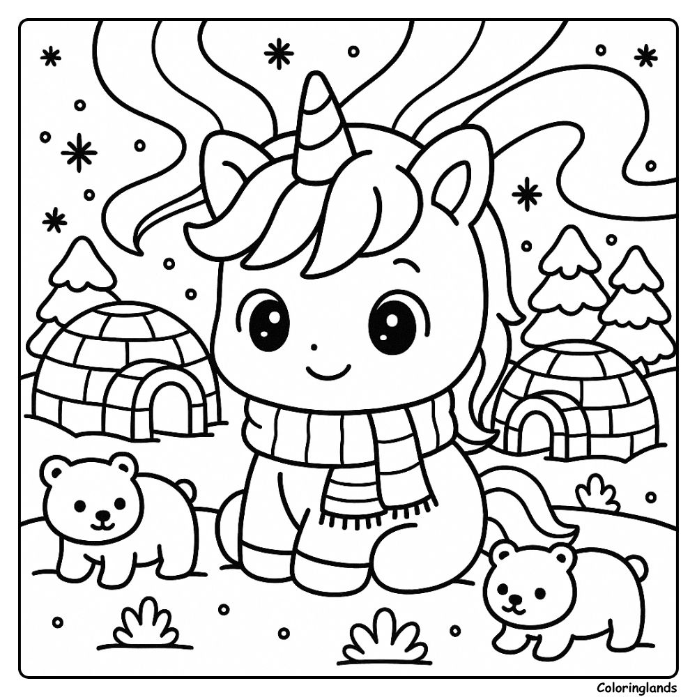 Cute unicorn with igloo and polar bears coloring image