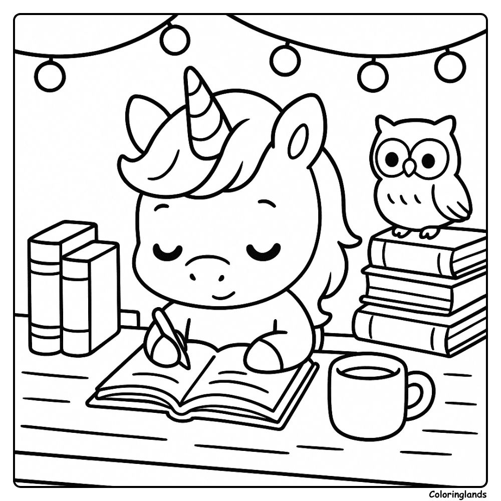 Cute unicorn writing in notebook with owl coloring sheet