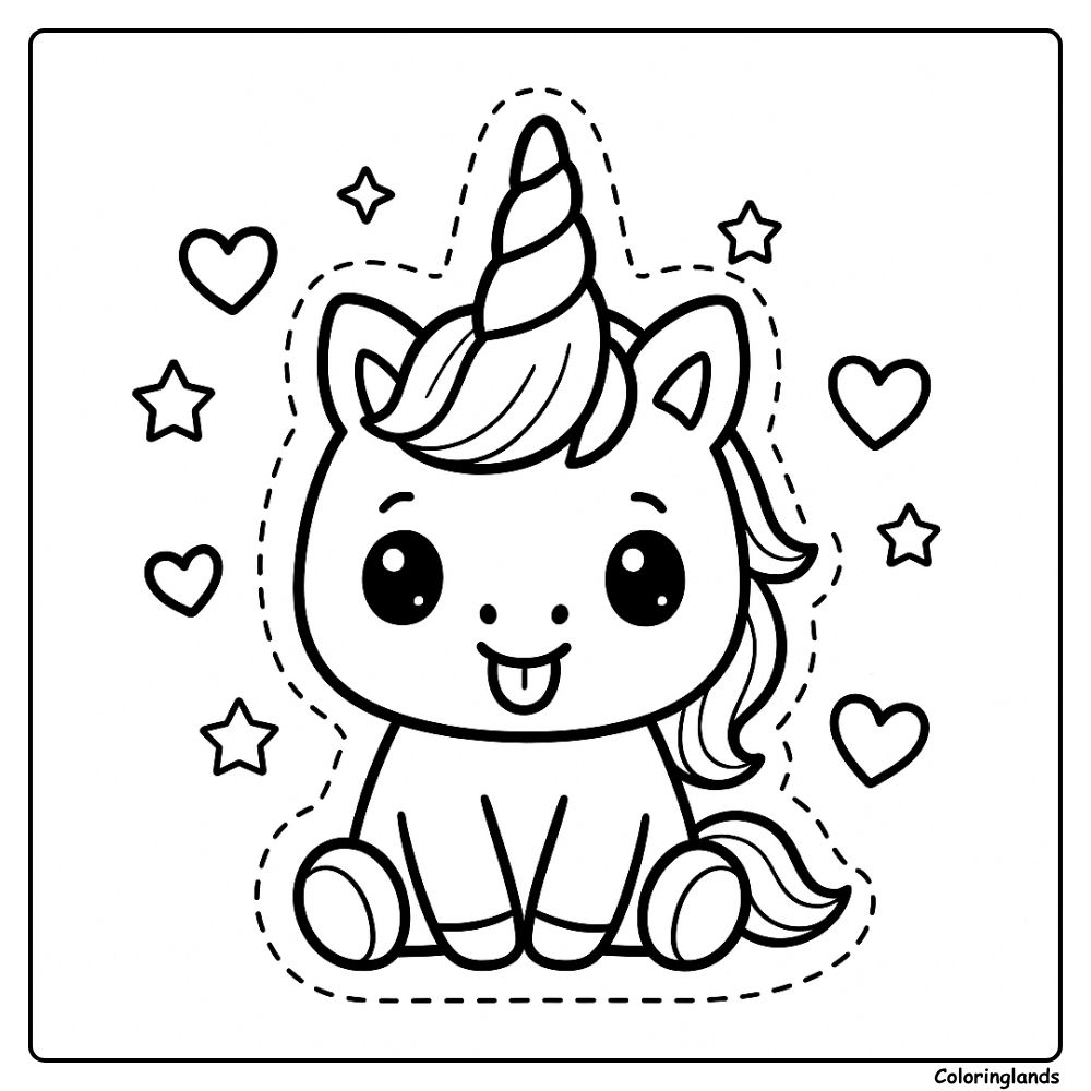 Cute baby unicorn sticker with hearts and stars to color