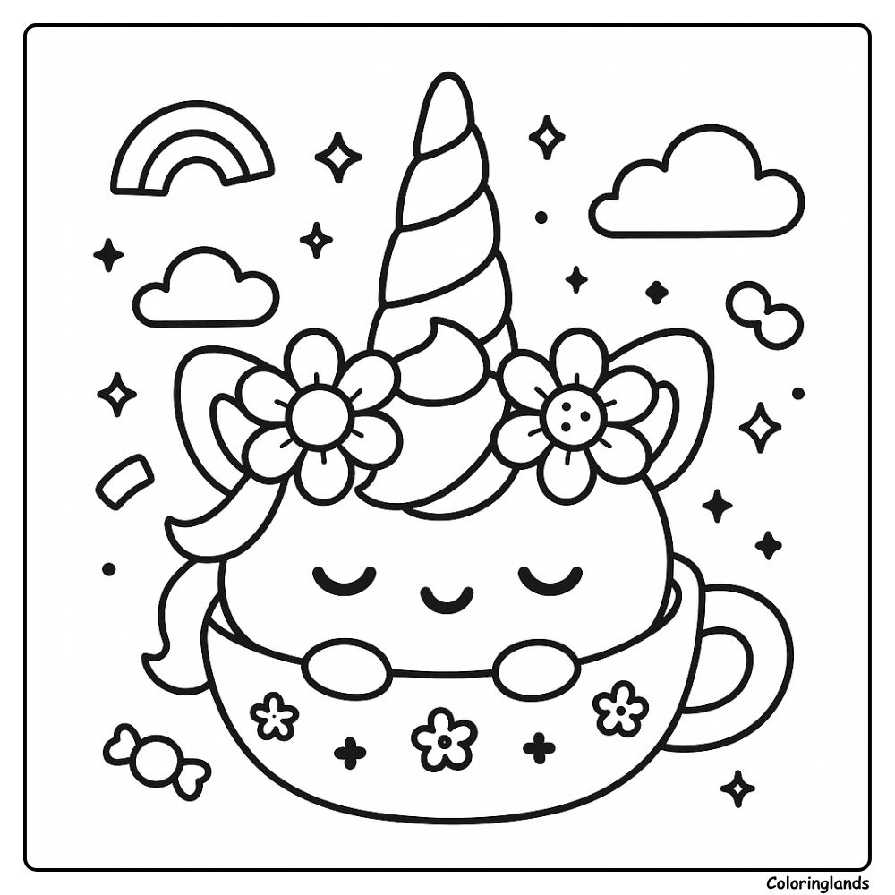 Sleeping unicorn sticker in a floral teacup with rainbow