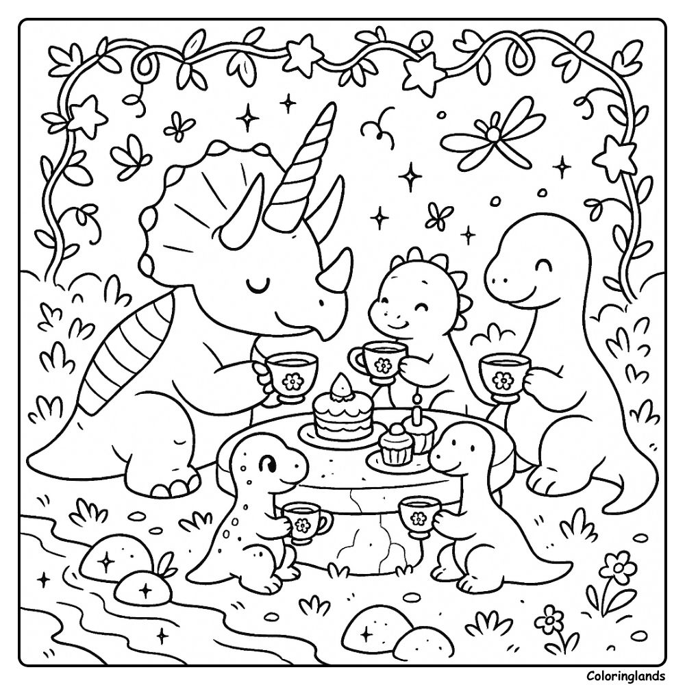 Triceratops unicorn hosts cake with baby dinos in a glade
