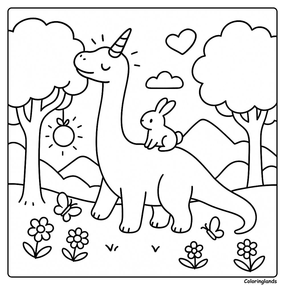 Long neck unicorn dino with bunny among trees and flowers