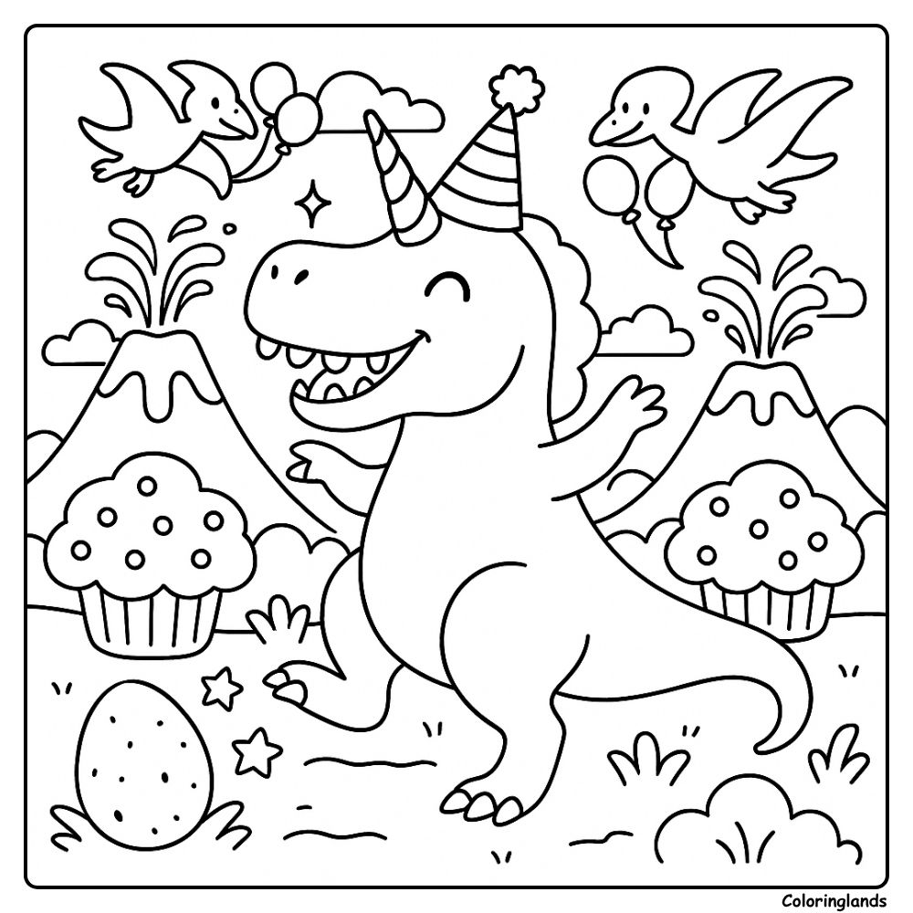 Dancing unicorn T Rex with cupcakes volcanoes and balloons