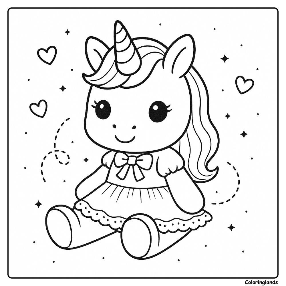 Sitting unicorn toy in a ribbon dress with little hearts