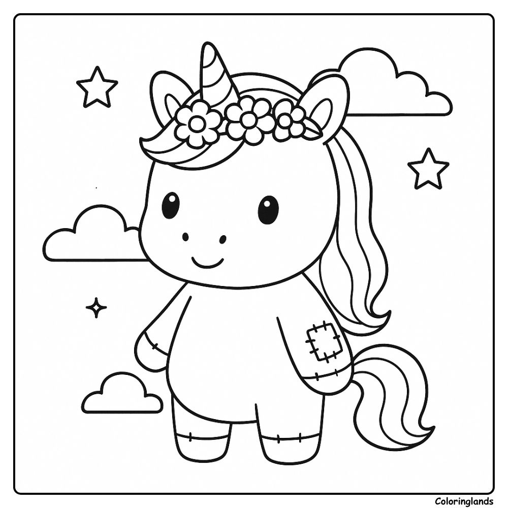 Flower crown unicorn toy under stars and drifting clouds
