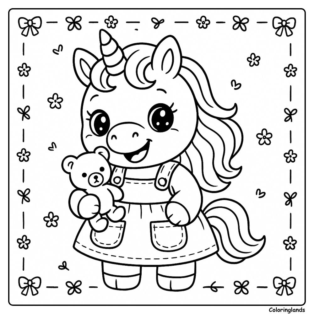 Cute unicorn toy in a pocket dress holding a teddy bear