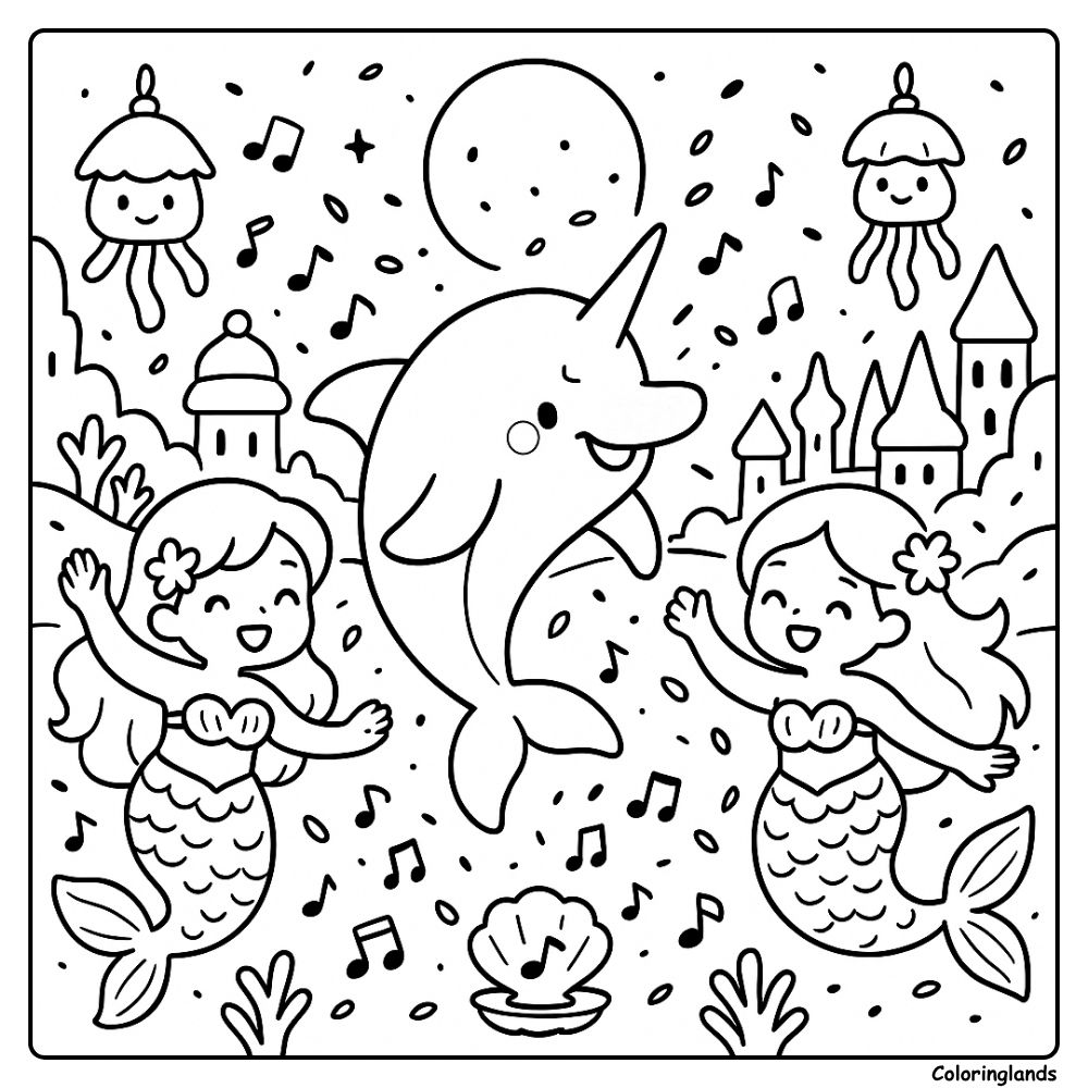 Undersea castle party with mermaids, cute coloring image