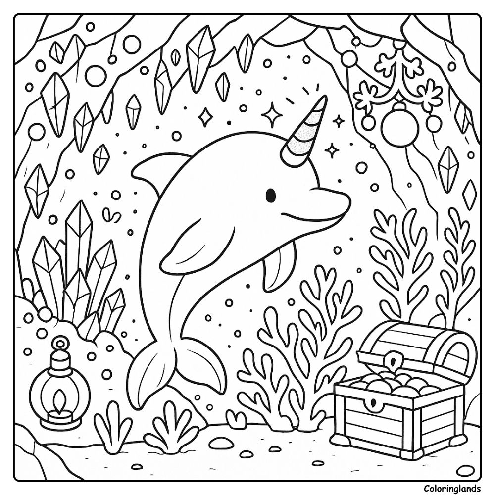 Crystal cave narwhal dolphin treasure chest coloring picture