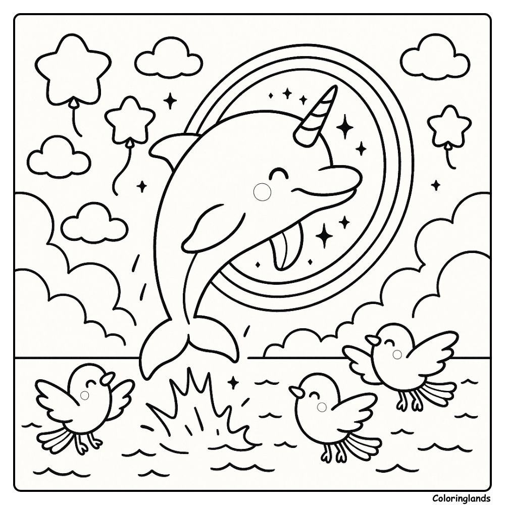 Rainbow leap with birds and clouds, printable coloring page