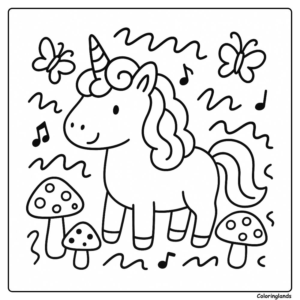 Whimsical unicorn line art with mushrooms and notes