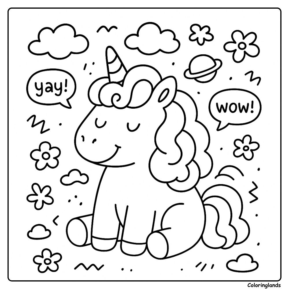 Sweet unicorn sketch with clouds flowers and a little planet