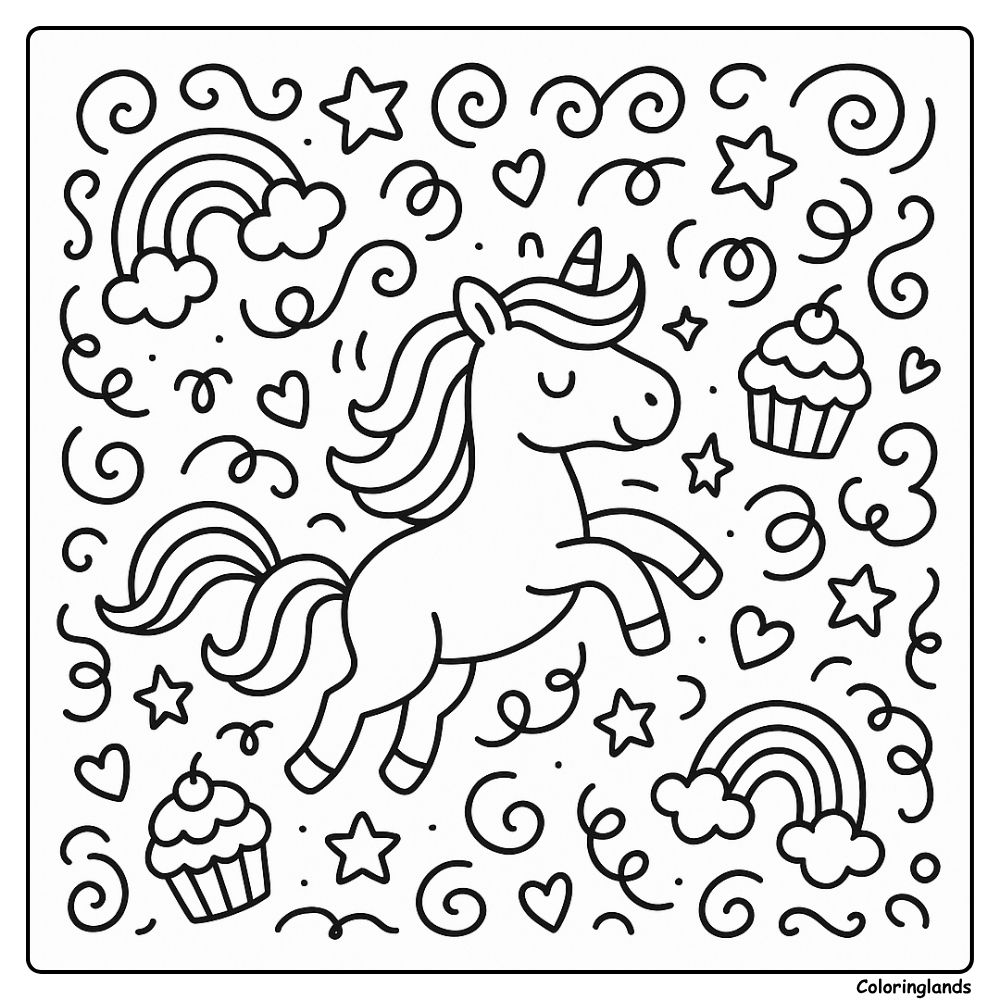 Cute unicorn drawing with rainbows hearts and swirls