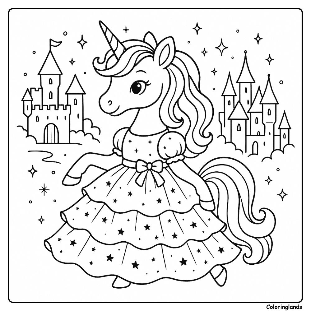 Star dress unicorn dancing near fairytale castles