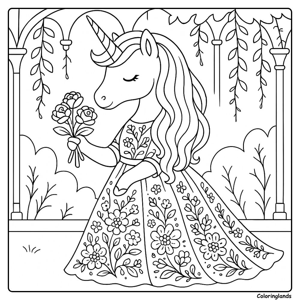 Floral gown unicorn under vines in a quiet gazebo