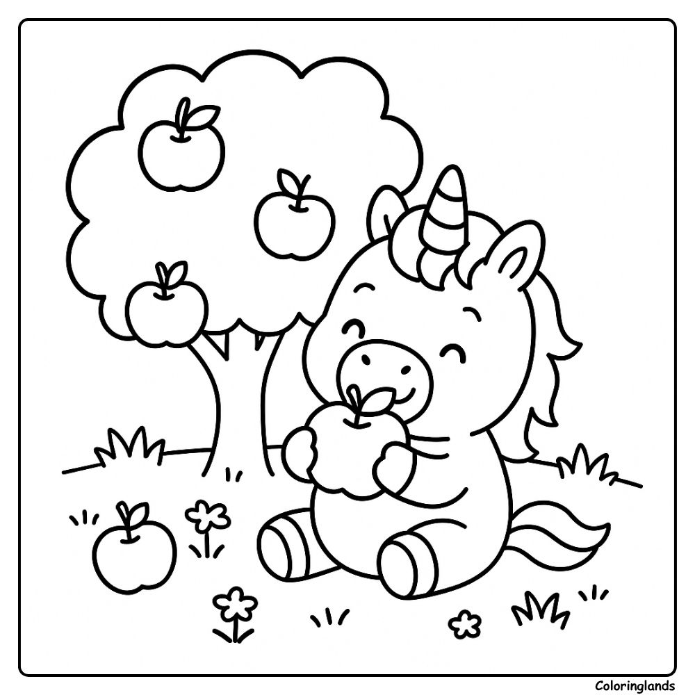 Chubby unicorn enjoys a juicy apple by a fruit tree today