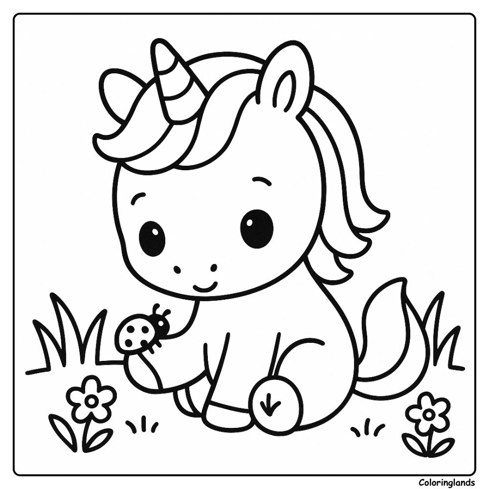 Cute baby unicorn greets a tiny ladybug among flowers today
