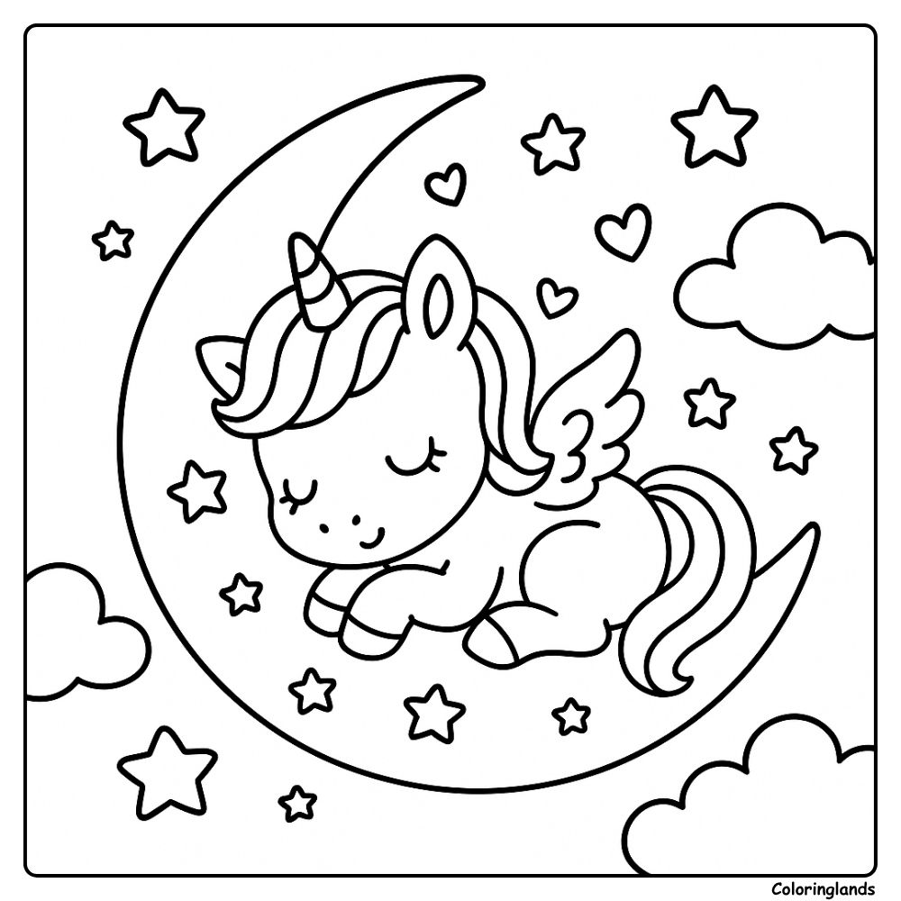 Sleeping winged unicorn curled on a crescent moon at night