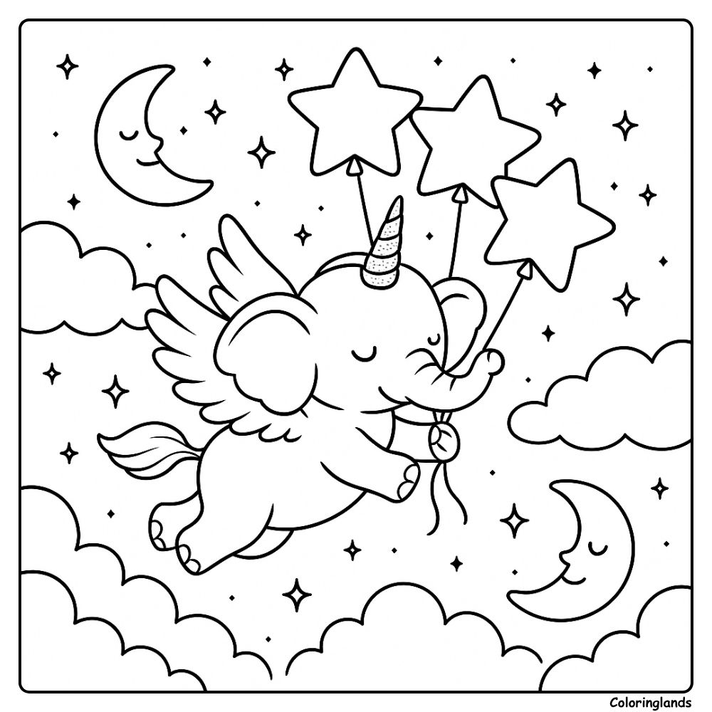 Winged baby elephant unicorn, star balloon coloring picture