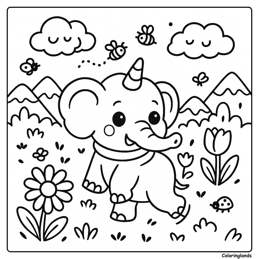 Playful elephant unicorn strolls past flowers, coloring image
