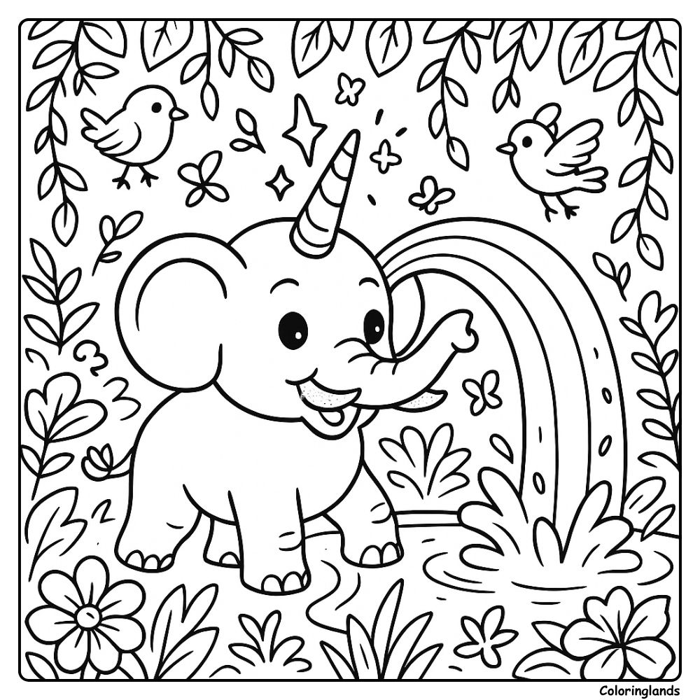 Cute elephant unicorn by a pond, printable line art