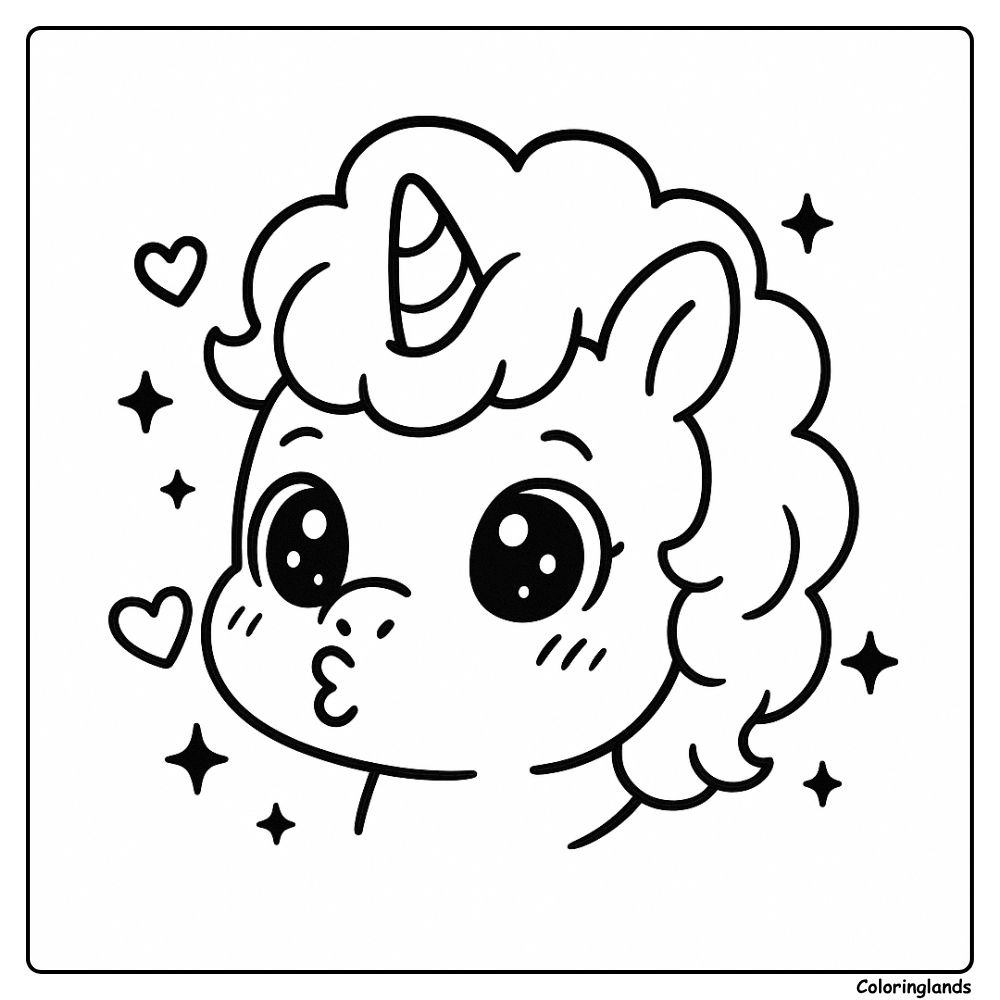 Cute unicorn kiss emoji for simple printable coloring