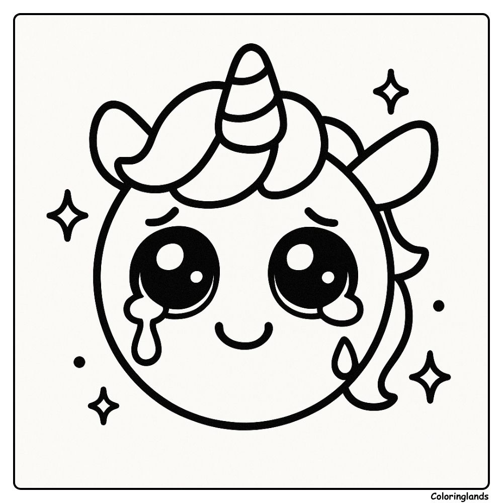 Cute crying unicorn emoji for printable coloring image