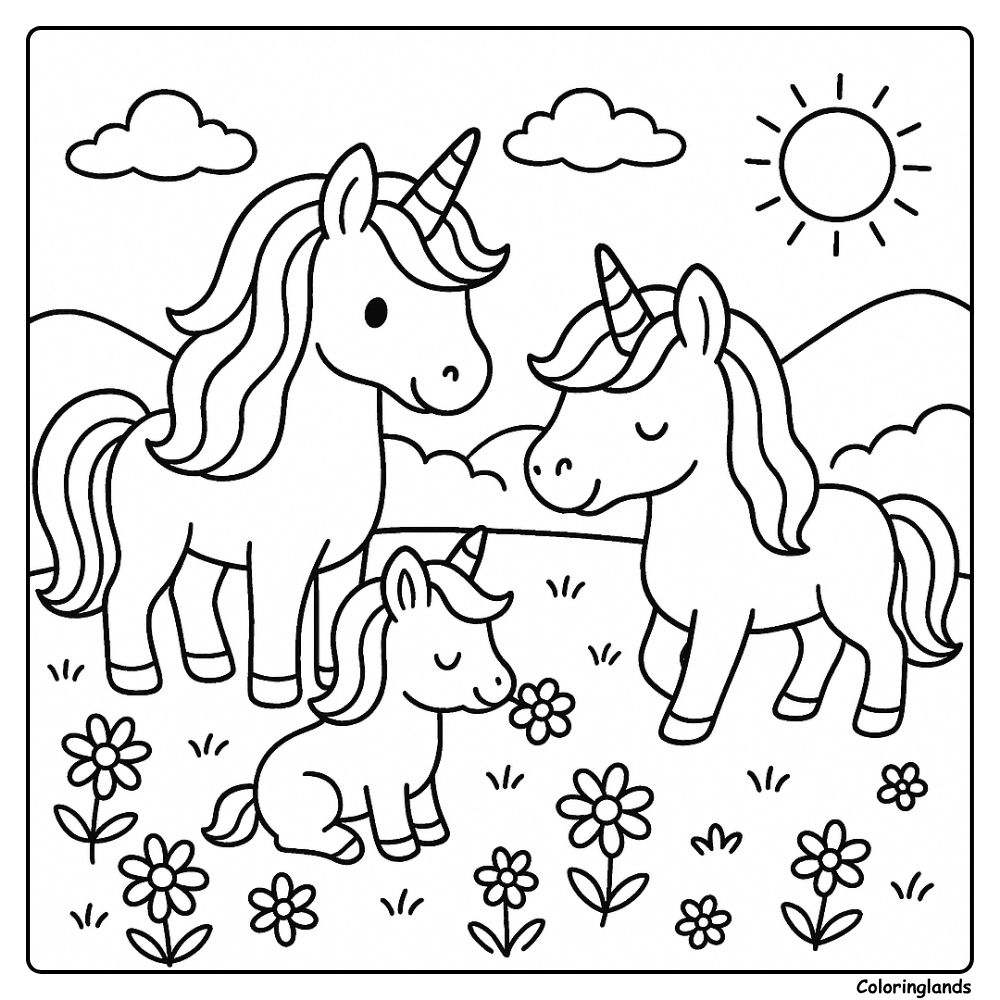 Three unicorns in a field of flowers with sun and clouds