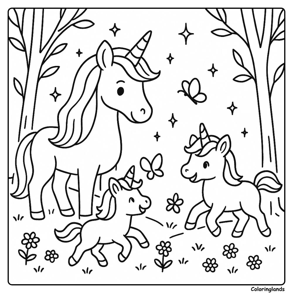 Parent with two foals prancing among stars and trees
