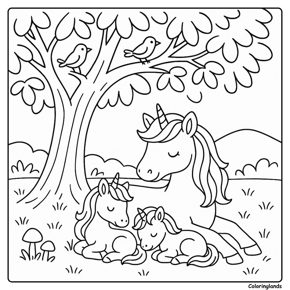 Peaceful unicorns napping with birds and mushrooms nearby