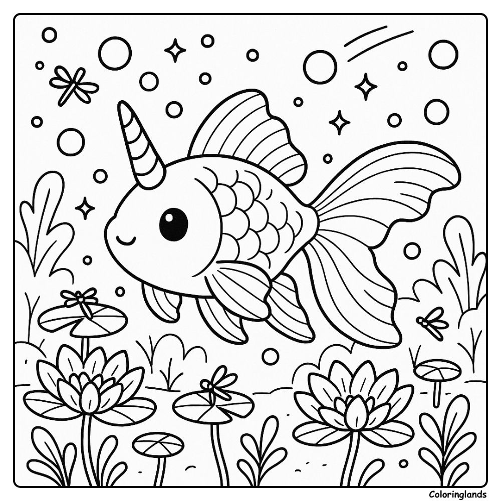 Gentle pond fish coloring sheet with lilies and dragonflies