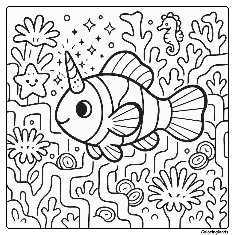 Whimsical fish coloring picture with coral and friends