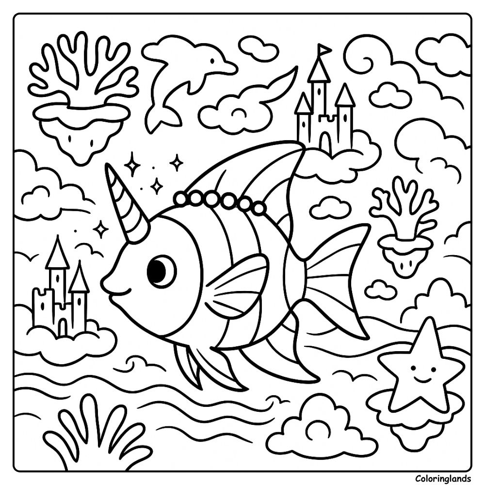 Fantasy horned fish coloring image with floating castles