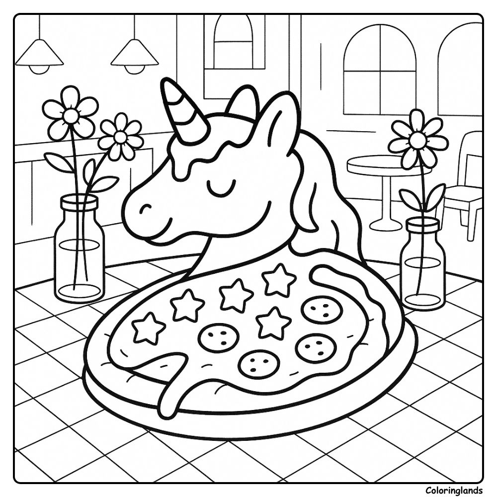 Printable unicorn pizza coloring picture in a cozy café