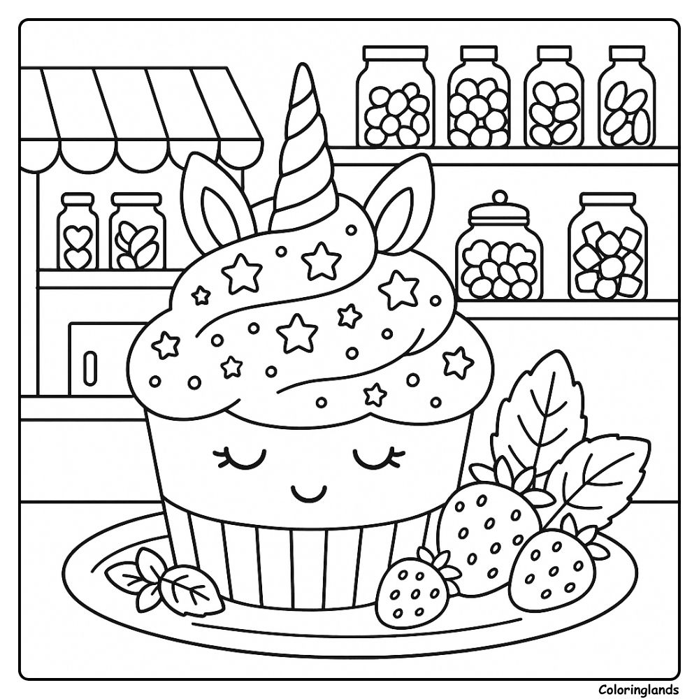 Printable unicorn cupcake coloring sheet with berries