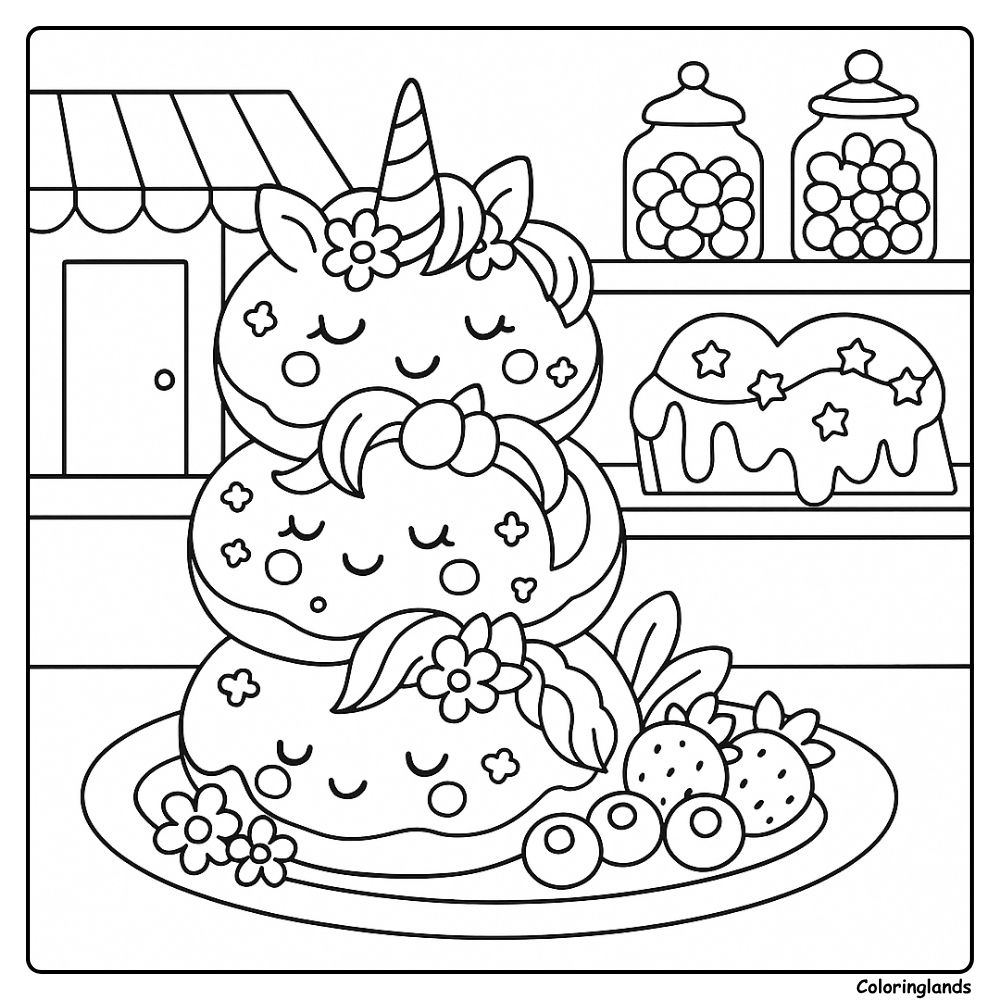 Unicorn donut stack coloring image with fruit and sweets