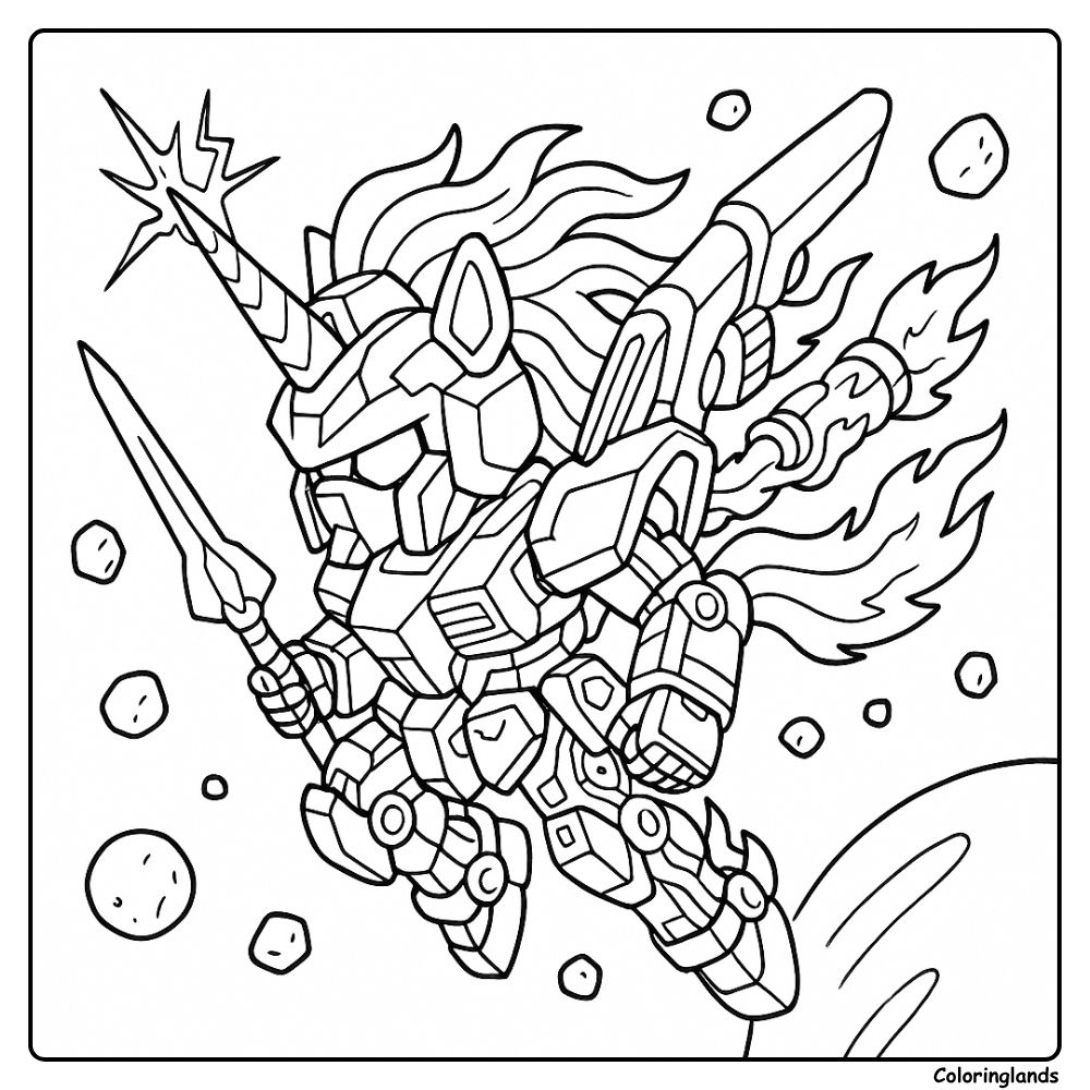 Rocketing unicorn mecha with sword glides through space