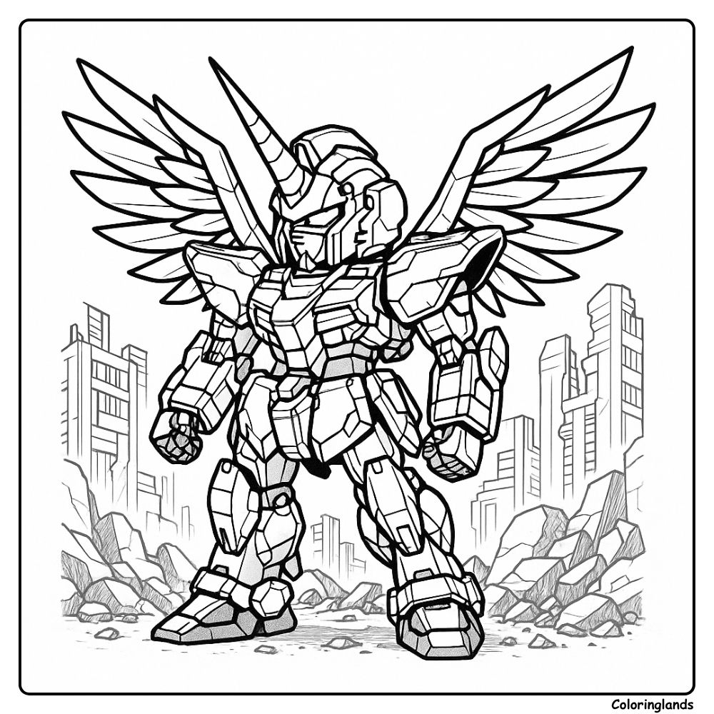 Armored unicorn robot with wings stands among ruins