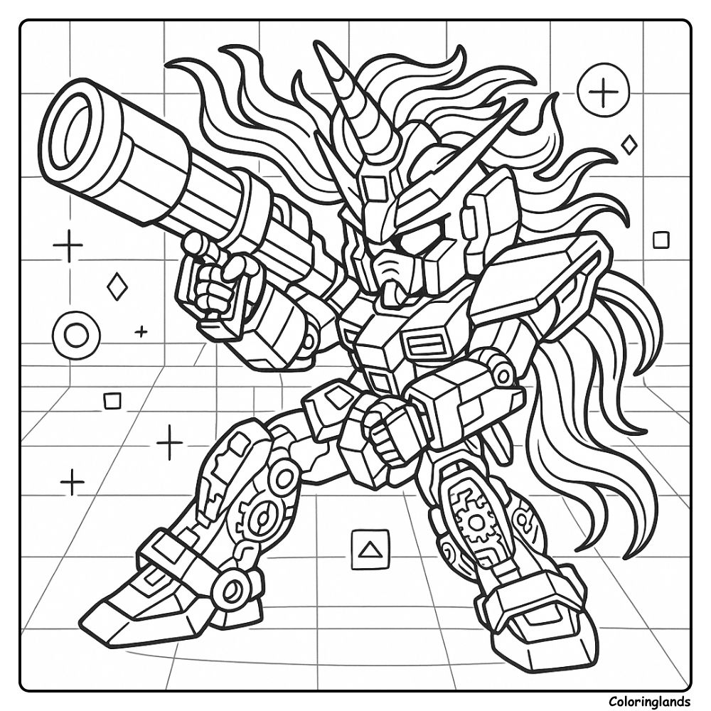 Chibi unicorn mech aims a cannon on a grid backdrop