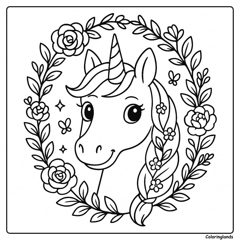 Braided unicorn portrait in floral frame, printable sheet