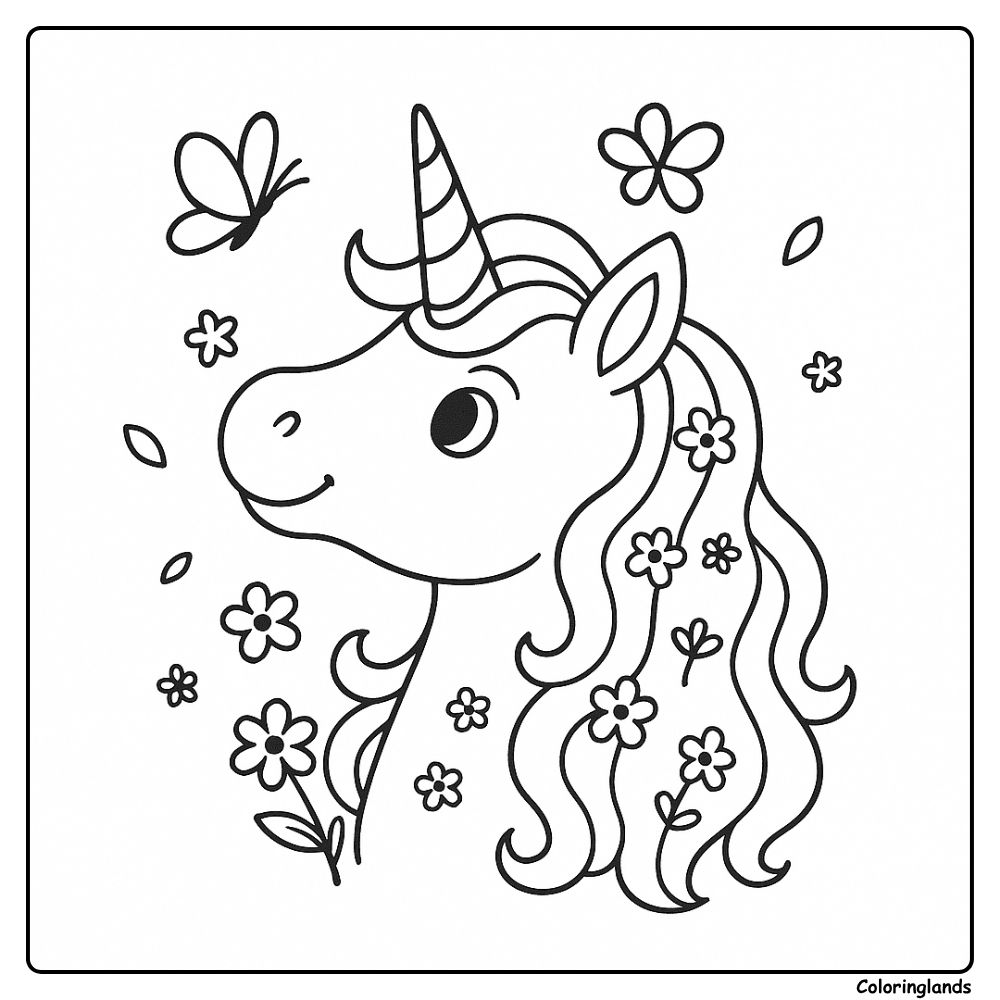 Playful unicorn portrait among flowers, easy line art
