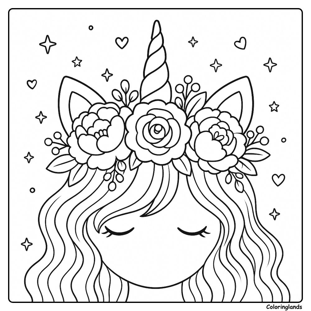 Dreamy rose crown and spiraled horn printable line art