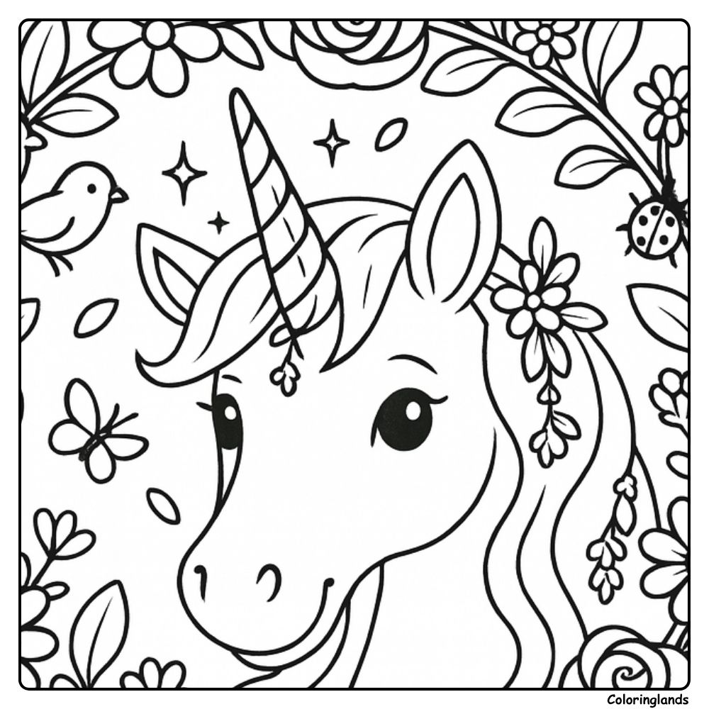 Head portrait coloring picture with horn and garden friends